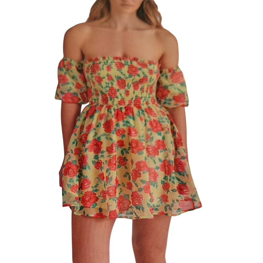 Betsey Johnson Babydoll Dress Sz L Floral Puff Sleeve Smocked Y2K Mini New